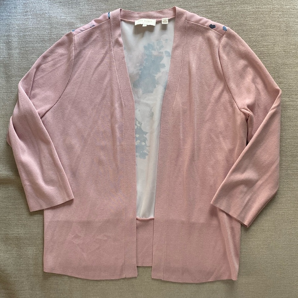 Ted Baker London Elowsi Open Front Pink Floral Back Cardigan Size S - Picture 3 of 9